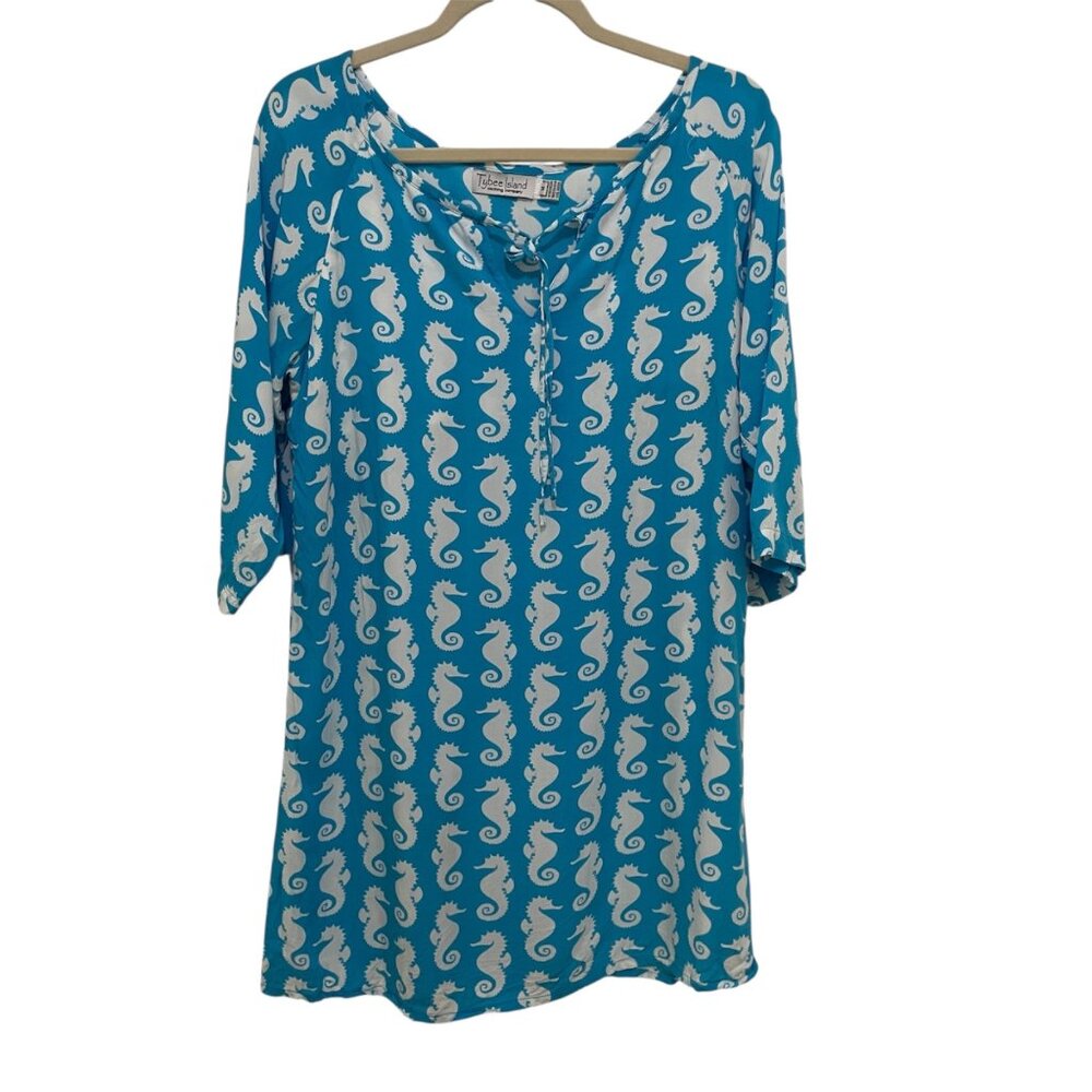 Tybee Island Swimsuit Cover-up‎ Tunic Womens M Blue Seahorse Design Beach